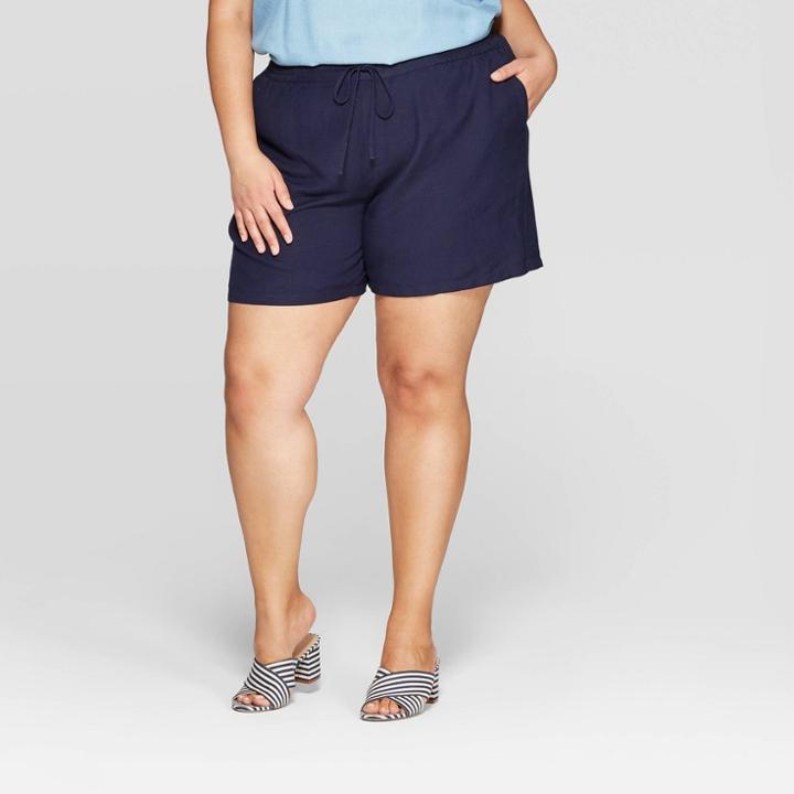 Women's Plus Size Drawstring Linen Shorts - Ava & Viv Navy (blue)