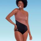 Women's Slimming Control One Shoulder Colorblock One Piece Swimsuit - Dreamsuit By Miracle Brands Black Taupe