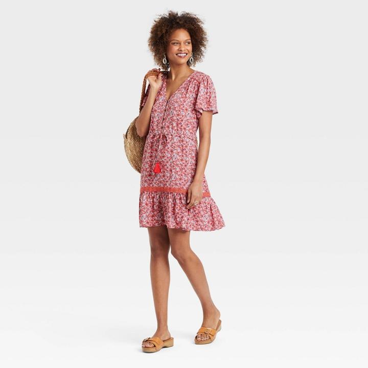 Women's Flutter Short Sleeve Button-front Dress - Knox Rose Red Floral