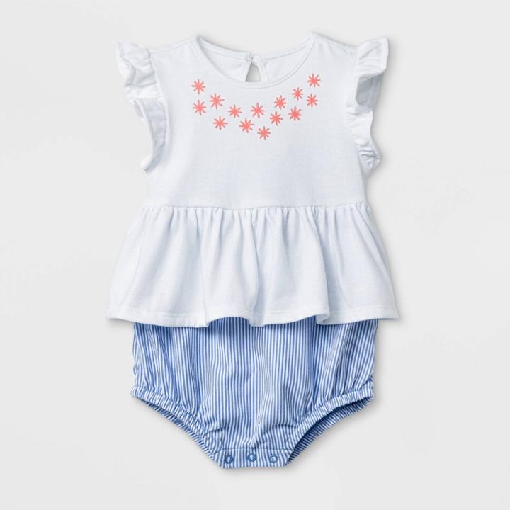 Baby Girls' Flutter Sleeve Short Romper With Puff Neckline - Cat & Jack White/blue Newborn