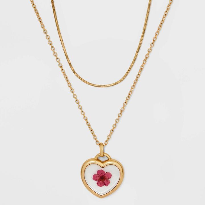 Bella Uno Bellissima Gold Plated Pressed Narcissus Flower Pendant Necklace - Pink