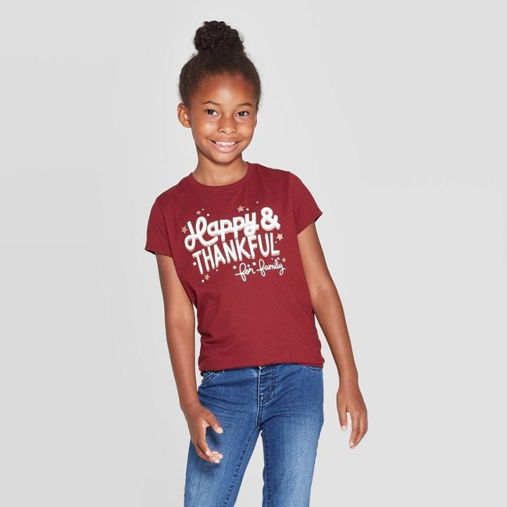 Petitegirls' Short Sleeve Happy & Thankful Graphic T-shirt - Cat & Jack Burgundy L, Girl's, Size: