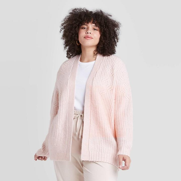 Women's Plus Size Open Neck Textured Cardigan - Ava & Viv Pink X