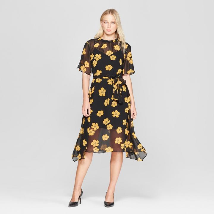 Women's Floral Print 3/4 Sleeve Belted Flowy Midi Dress - Who What Wear Black/yellow