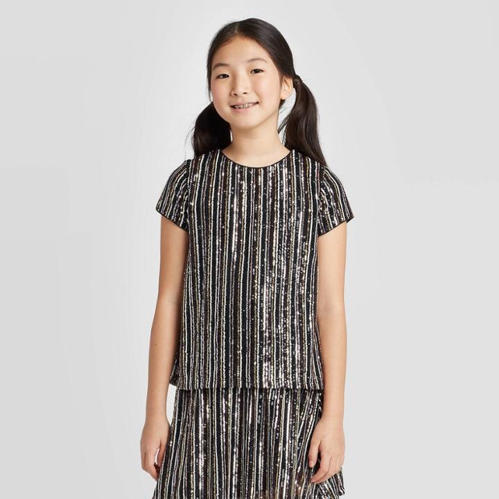 Petitegirls' Short Sleeve Sequin Shirt - Art Class Silver Xs, Girl's,