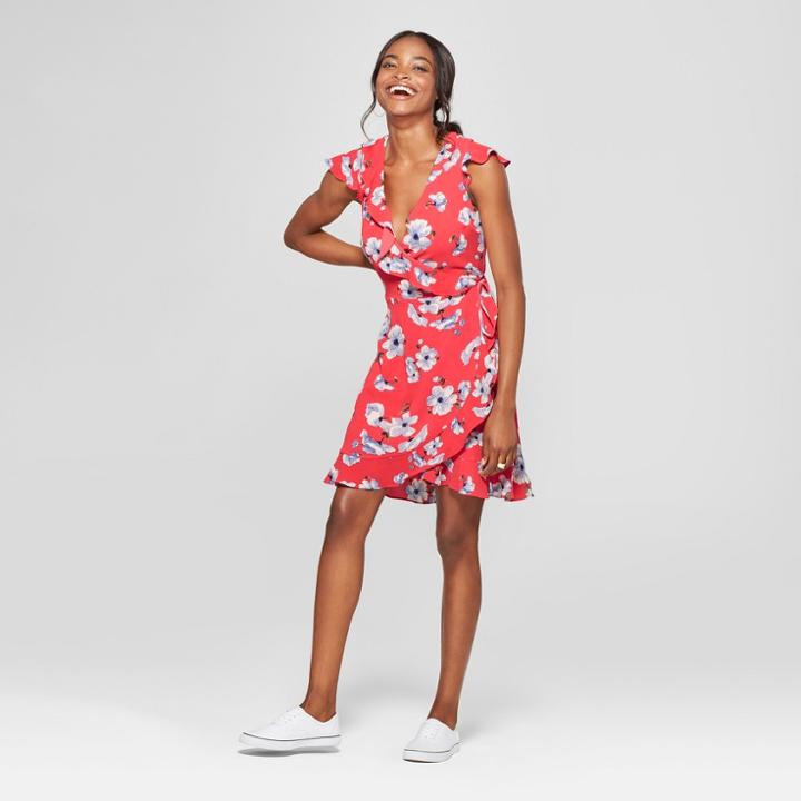Women's Floral Print Short Sleeve Wrap Dress - Lily Star (juniors') Coral