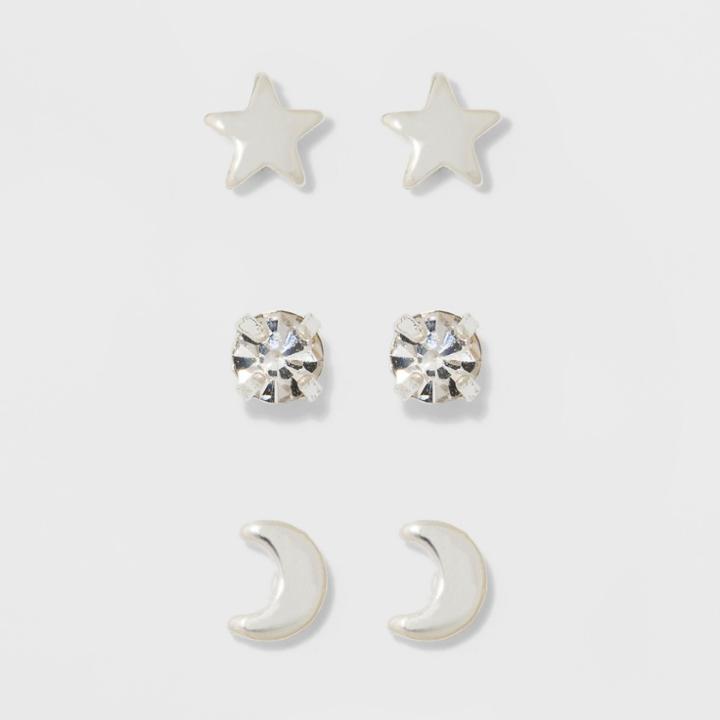 Pair Of Star, Moon, And Cubic Zirconia Button Earring Set - A New Day