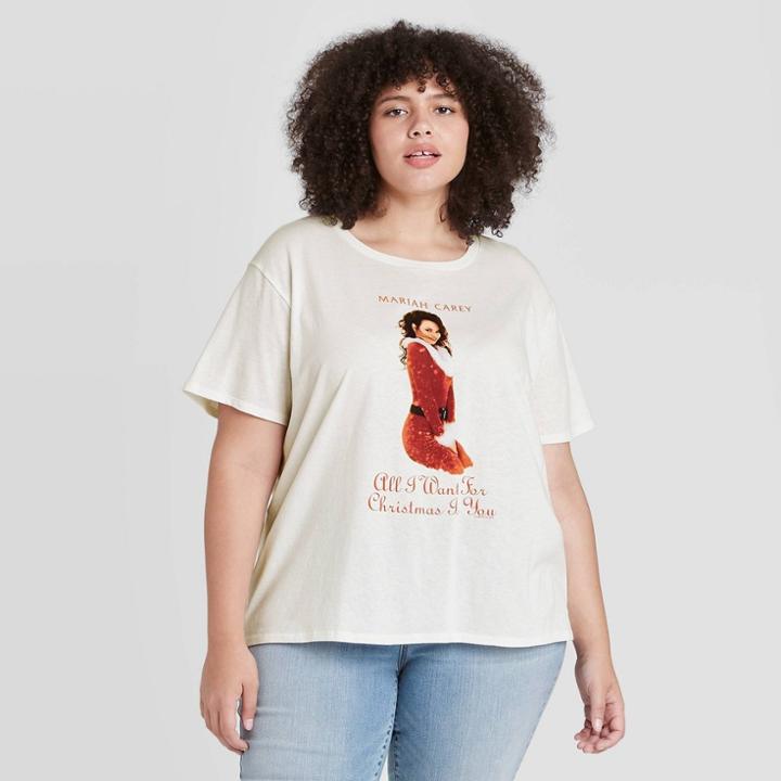 Live Nation Women's Mariah Carey Christmas Tree Short Sleeve Graphic T-shirt - White