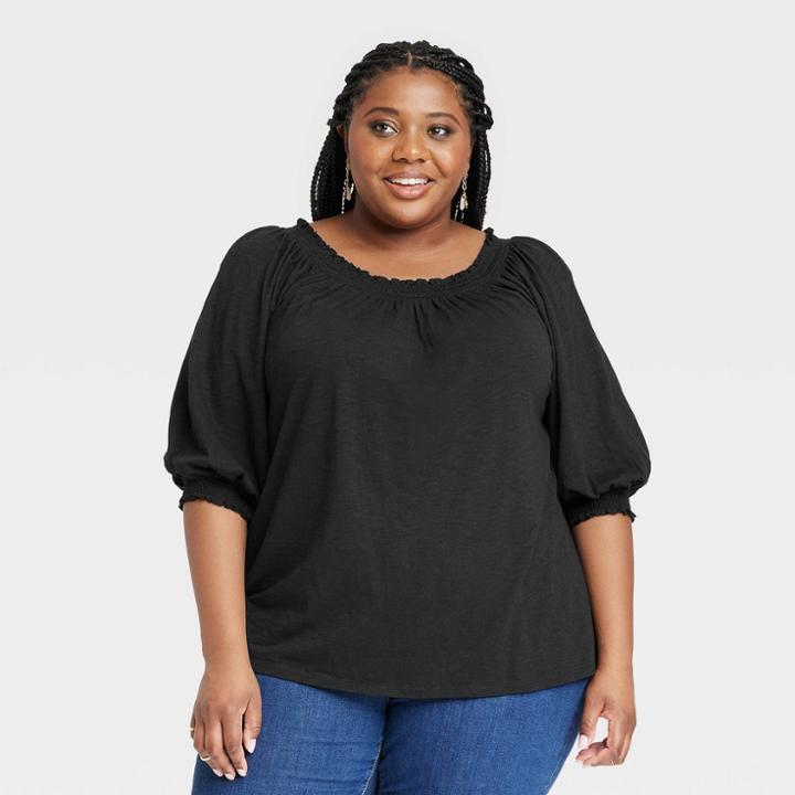 Women's Plus Size Bishop 3/4 Sleeve Smocked Top - Knox Rose Black