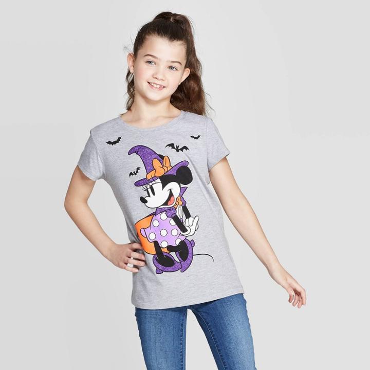 Mickey Mouse & Friends Girls' Minnie Mouse Witch Short Sleeve T-shirt - Heather Gray