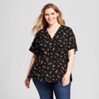 Women's Plus Size Floral Print V-neck Short Sleeve Top - Xhilaration Black X