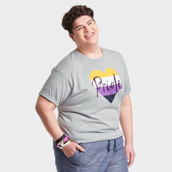 Ev Lgbt Pride Pride Gender Inclusive Adult Extended Size Non-binary Flag Heart Short Sleeve Graphic T-shirt - Gray