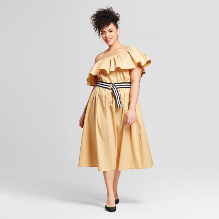 Women's Plus Size Off The Shoulder Ruffle Midi Dress - Who What Wear Tan X, Beige