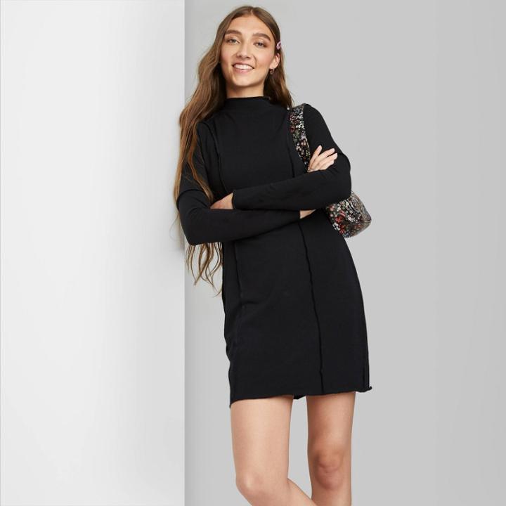 Women's Long Sleeve Seamed Knit Bodycon Dress - Wild Fable Black