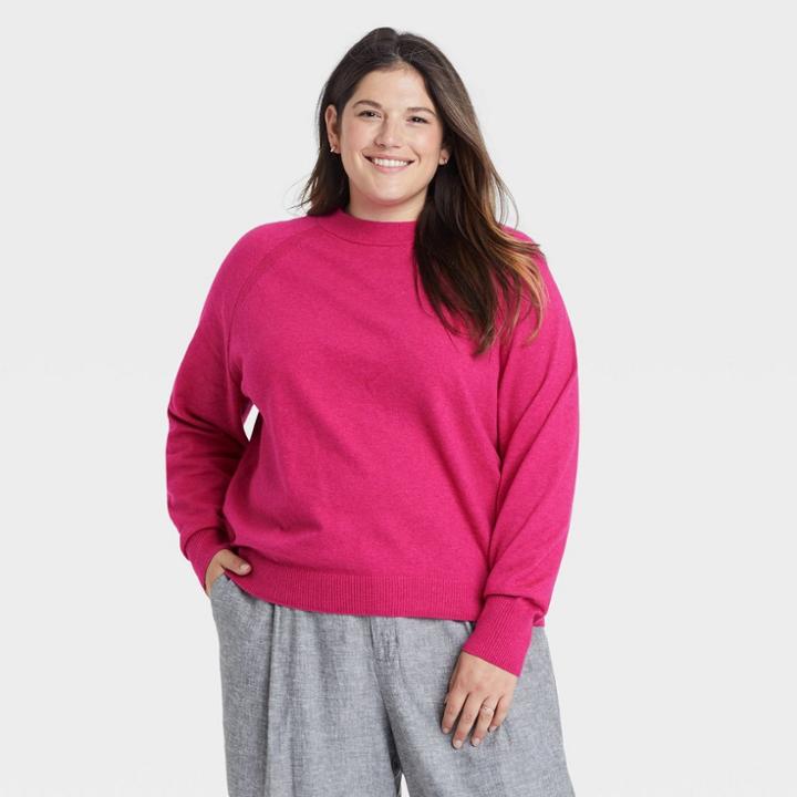Women's Plus Size Crewneck Light Weight Pullover Sweater - A New Day Dark Pink