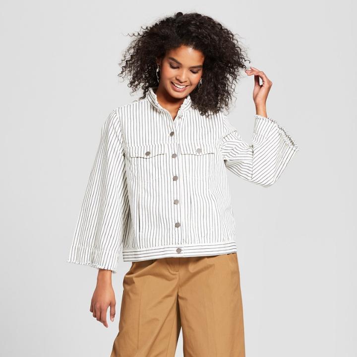 Women's Striped Long Sleeve Shrunken Trucker Jacket - Who What Wear Blue/white