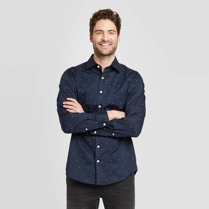 Men's Polka Dot Standard Fit Spacedye Design Button-down Shirt - Goodfellow & Co Navy Voyage S, Men's, Size:
