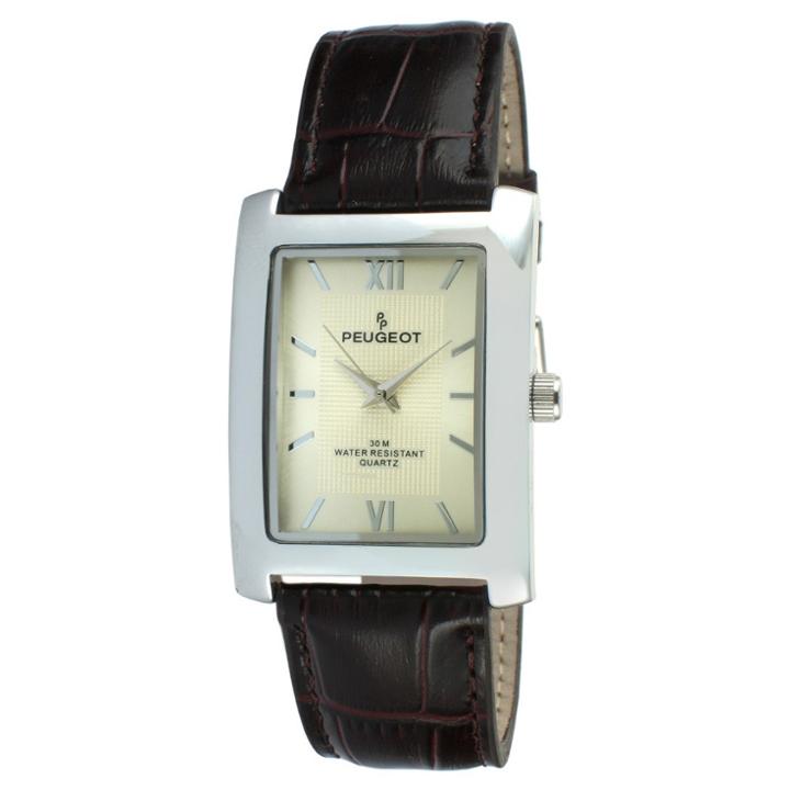Peugeot Watches Men's Peugeot Rectangular Leather Strap Watch - Brown, Brown/silver