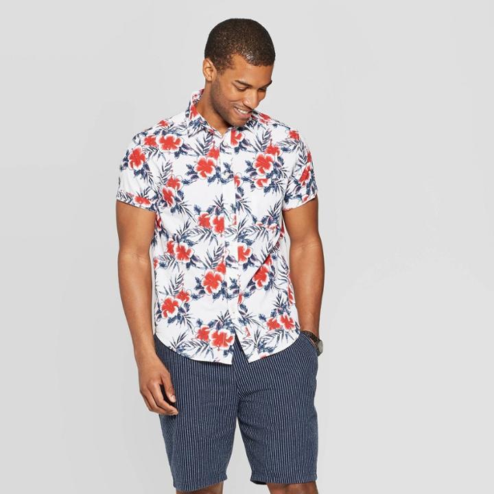 Men's Floral Print Short Sleeve Seersucker Button-down Shirt - Goodfellow & Co White