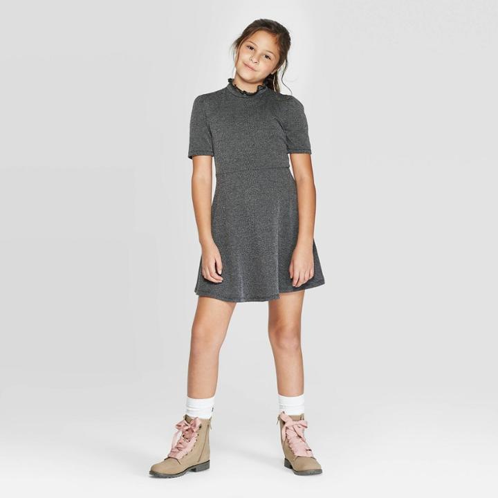 Petitegirls' Short Sleeve Ribbed Mock Neck Dress - Art Class Gray Xs, Girl's, Black