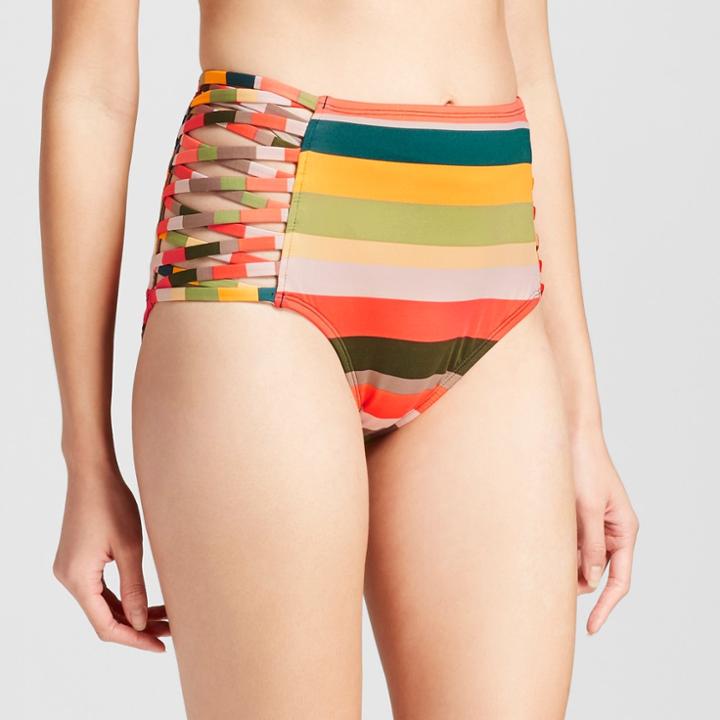 Clean Water Women's Retro Stripe Strappy High Waist Bikini Swim Bottoms -