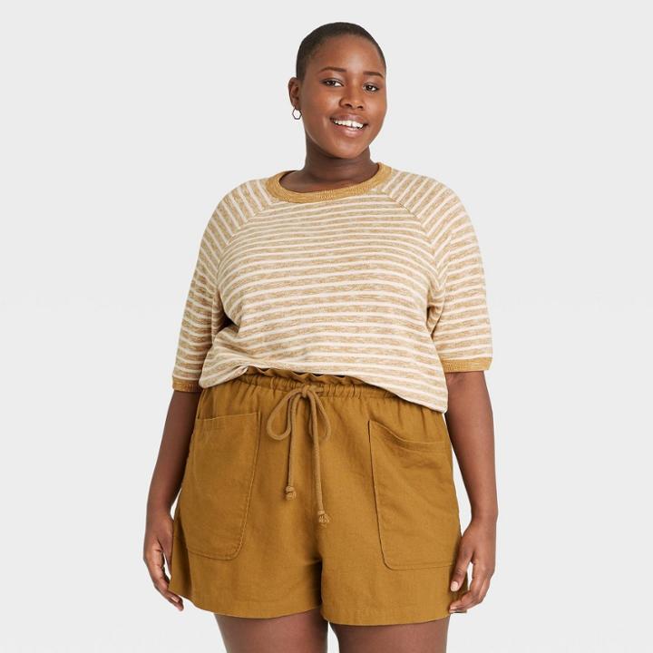Women's Plus Size Striped Short Sleeve Sweatshirt - Universal Thread Brown/cream