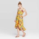 Women's Floral Print Deep V-neck Strappy Button Front High-low Hem Midi Dress - Xhilaration Mustard (yellow)