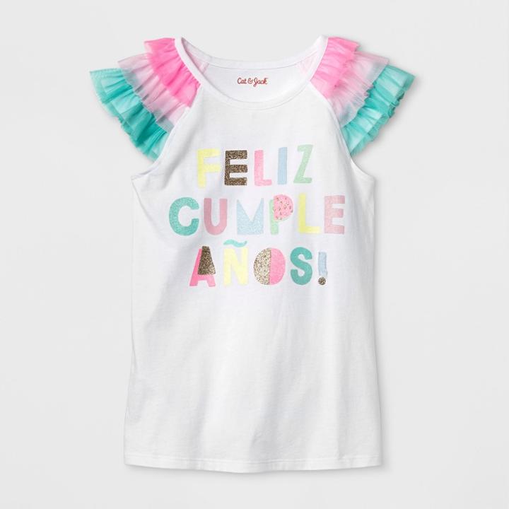 Girls' Short Sleeve Feliz Cumpleanos T-shirt - Cat & Jack White
