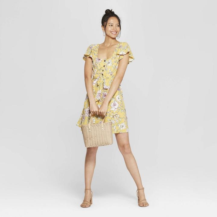 Women's Floral Print Short Sleeve Square Neck Button Front Dress - Xhilaration Mustard (yellow)