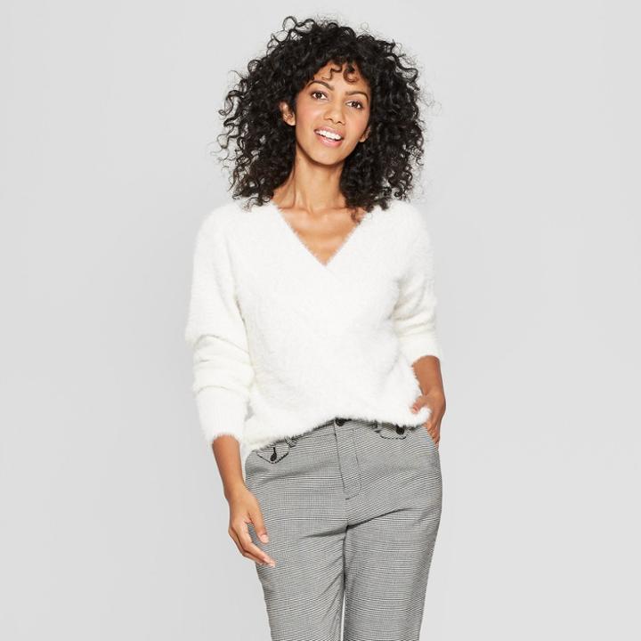 Women's V-neck Eyelash Pullover Sweater - A New Day Cream (ivory)