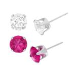 Journee Collection 1 1/2 Ct. T.w. Round-cut Cz Prong Set Stud Earrings Set In Sterling Silver - Dark Pink/white, Girl's