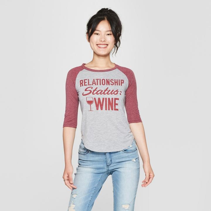 Women's 3/4 Sleeve Status Wine Raglan Graphic T-shirt - Awake Gray/burgundy