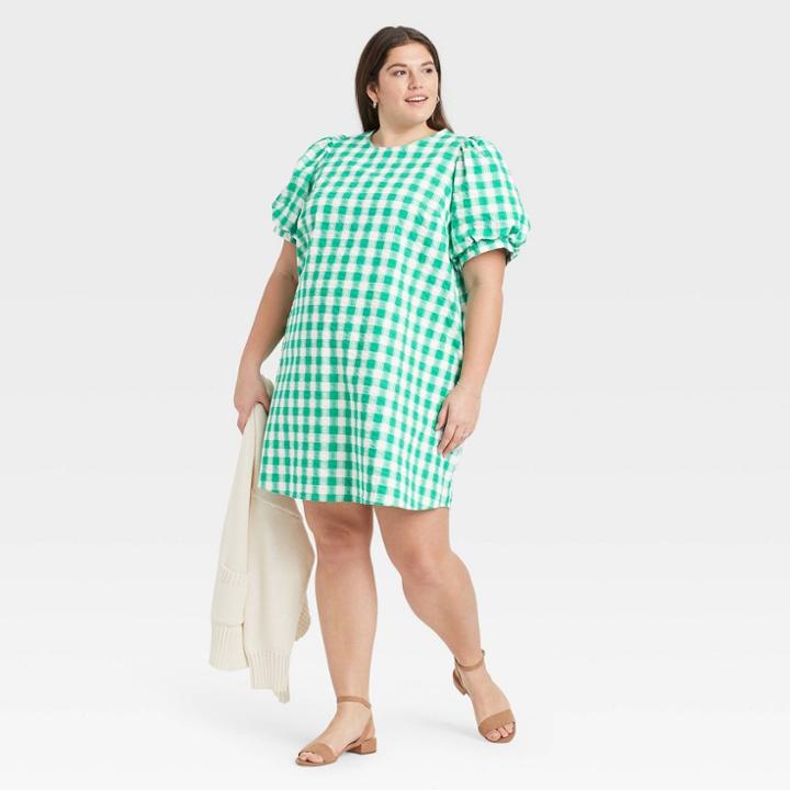 Women's Plus Size Gingham Puff Short Sleeve Dress - A New Day Green