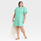 Women's Plus Size Gingham Puff Short Sleeve Dress - A New Day Green