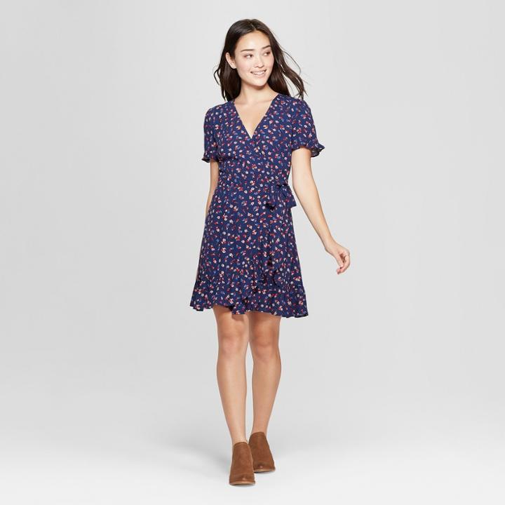 Women's Floral Print Short Sleeve Wrap Dress - Xhilaration Blue