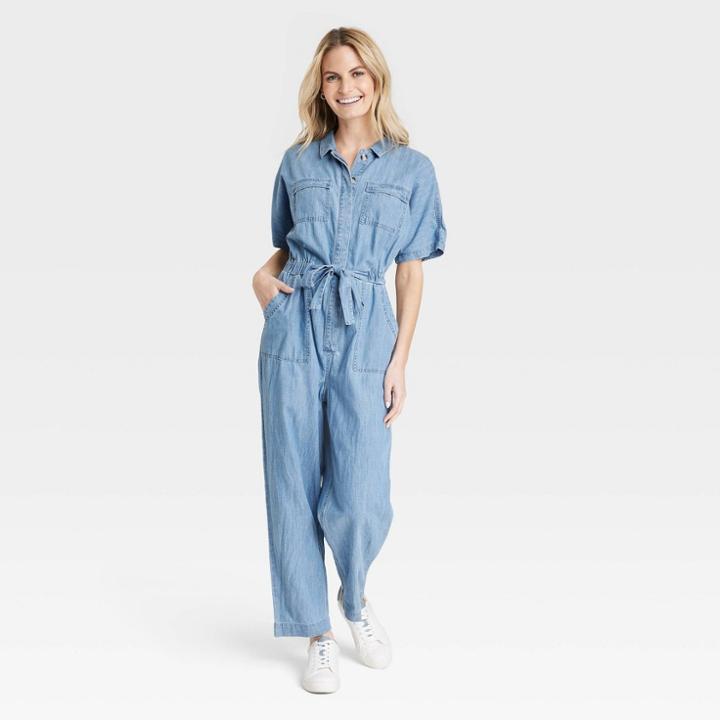 Women's Button-front Short Sleeve Boilersuit - Universal Thread Indigo