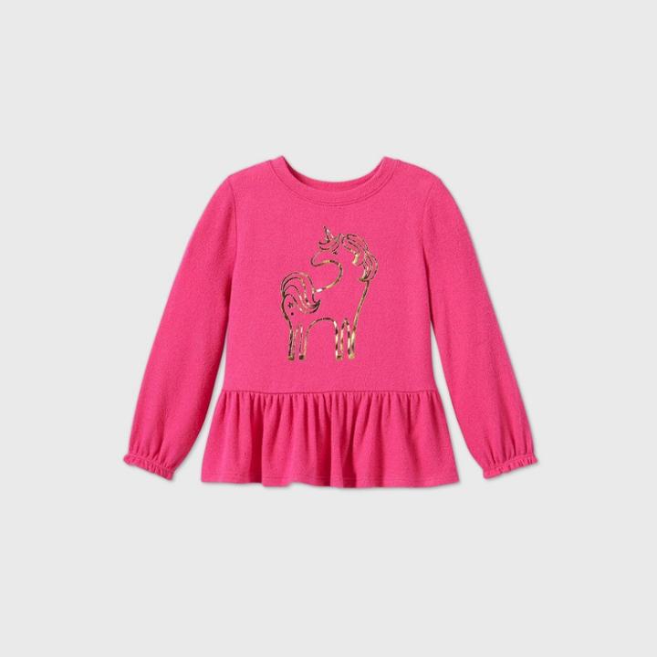 Toddler Girls' Long Sleeve Cozy Foil Unicorn T-shirt - Cat & Jack Dark Pink