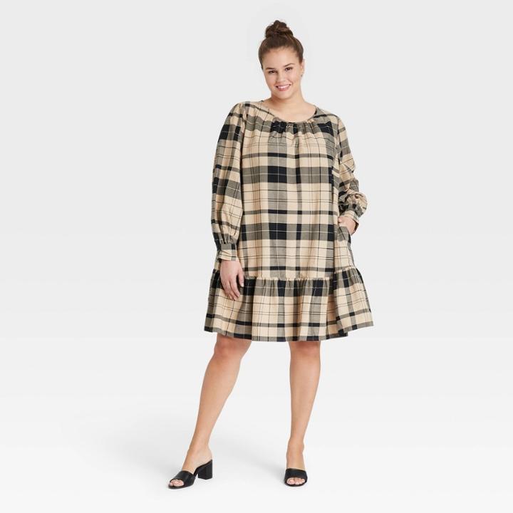 Women's Plus Size Long Sleeve Woven Dress - Ava & Viv Maple Plaid X, Brown Plaid