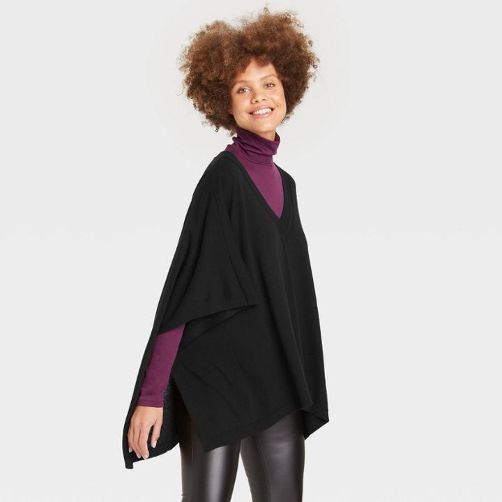 Women's V-neck Knit Poncho - A New Day Black