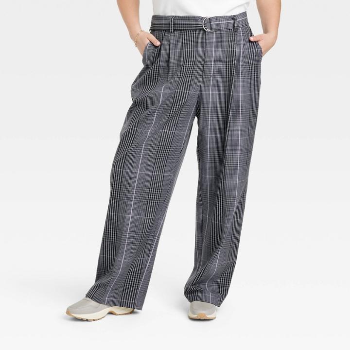 Women's Plus Size High-rise Relaxed Fit Straight Belted Trousers - A New Day Gray Plaid
