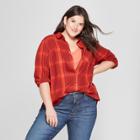 Women's Plus Size Plaid No Gap Button-down Long Sleeve Shirt - Ava & Viv Red X