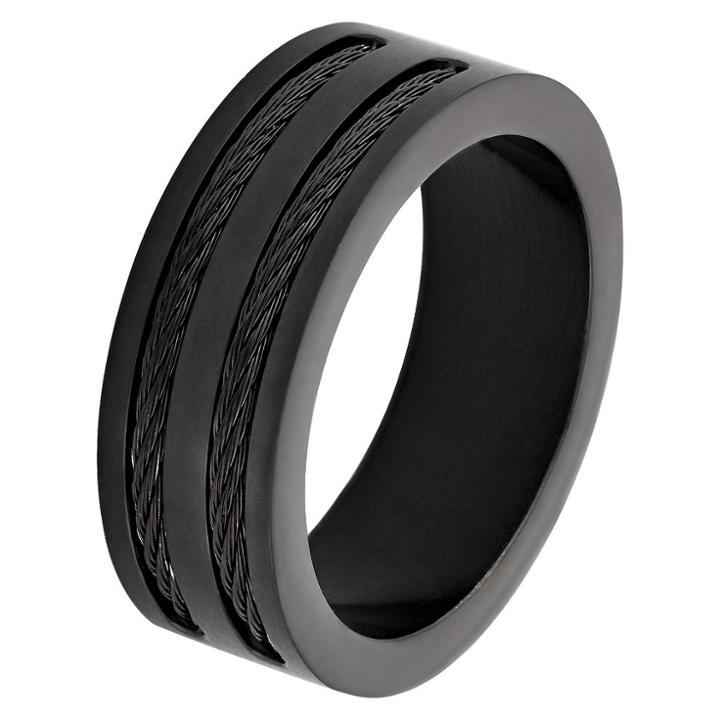 Men's West Coast Jewelry Blackplated Stainless Steel Double Wire Cable Inlay Band Ring