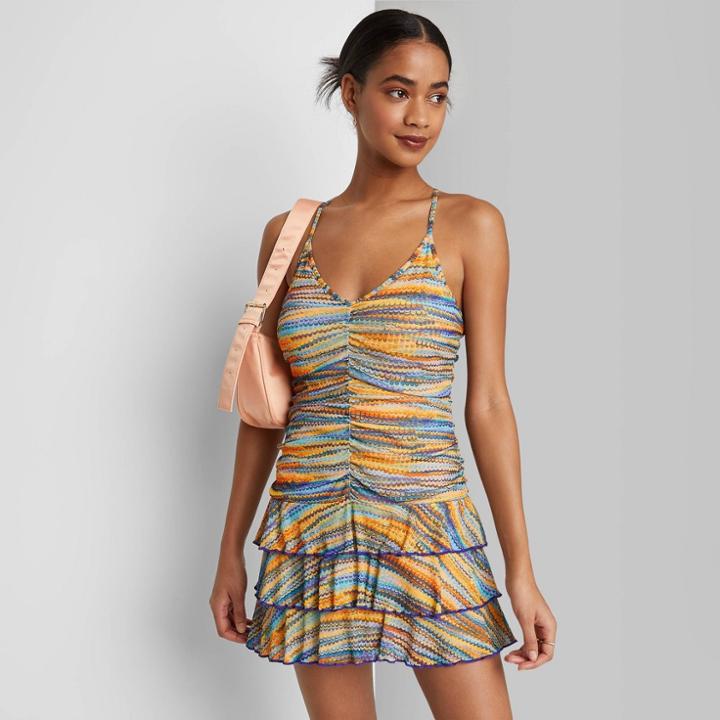 Women's Sleeveless Ruched Front Tiered Dress - Wild Fable Blue Zig Zag