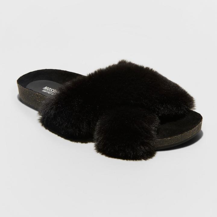 Women's Bella Faux Fur Crossband Footbed Sandal - Mossimo Supply Co. Black