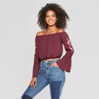 Women's Long Sleeve Embroidered Sleeve Off The Shoulder Top - Xhilaration Fig