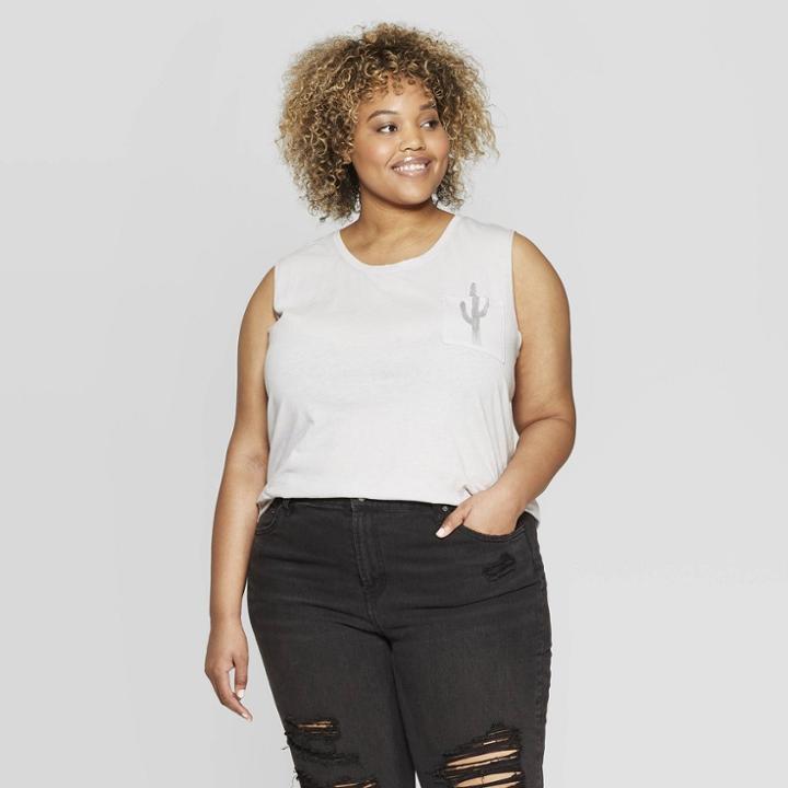 Women's Plus Size Cactus Pocket Tank Top - Zoe+liv (juniors') - White