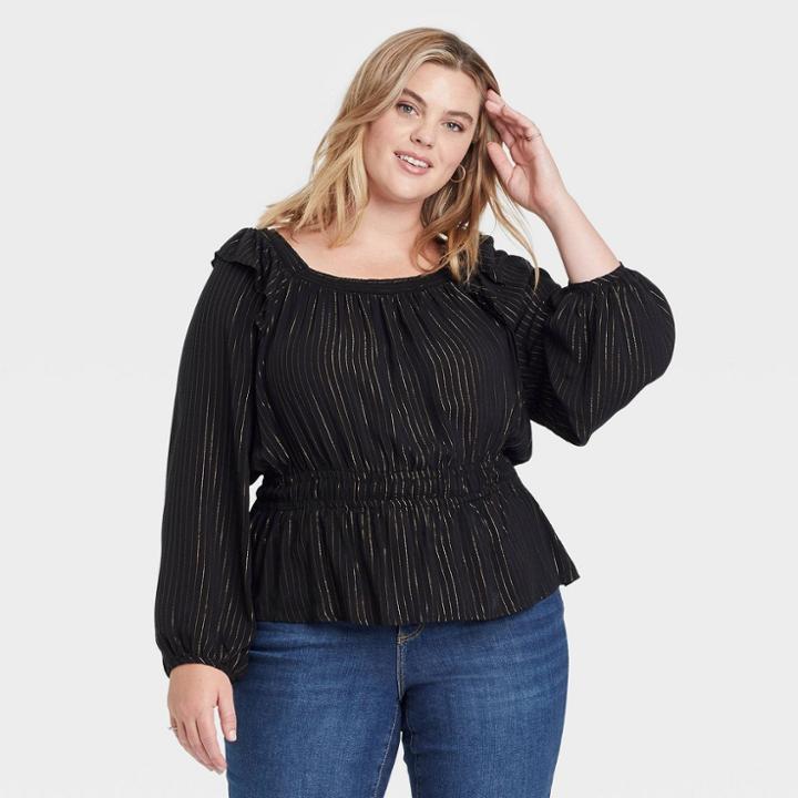 Women's Plus Size Balloon Long Sleeve Peplum Blouse - Universal Thread Black