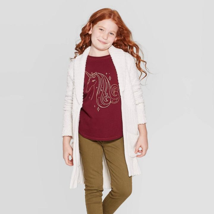Girls' Long Sleeve Open Sherpa Cardigan - Cat & Jack Almond Cream L, Girl's, Size: