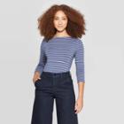 Women's Striped Regular Fit Long Sleeve Boat Neck T-shirt - A New Day Blue