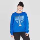 Mighty Fine Women's Menorah Light Up Hanukkah Plus Size Long Sleeve Sweater (juniors') - Blue
